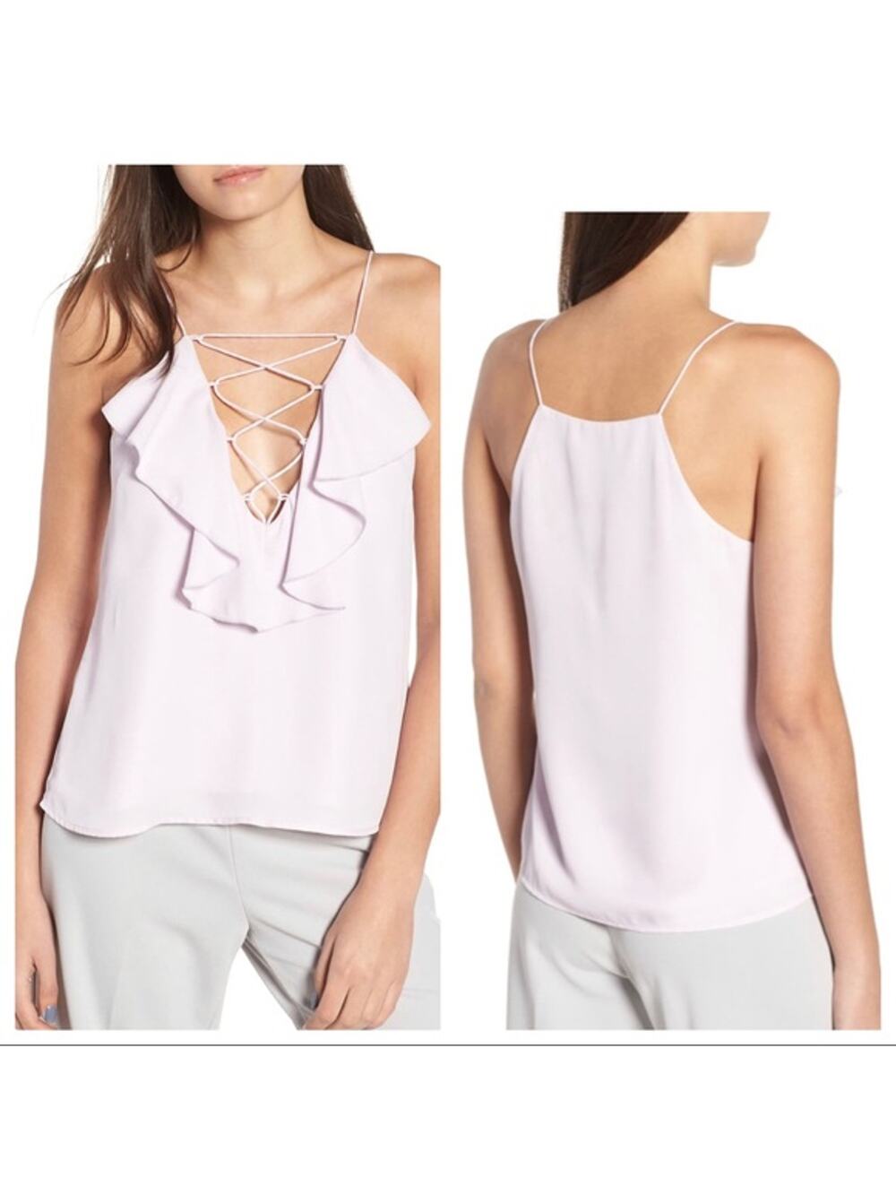 WAYF Lace-Up Ruffle Cami Women XXL Lavender Purple Deep V Tank Top